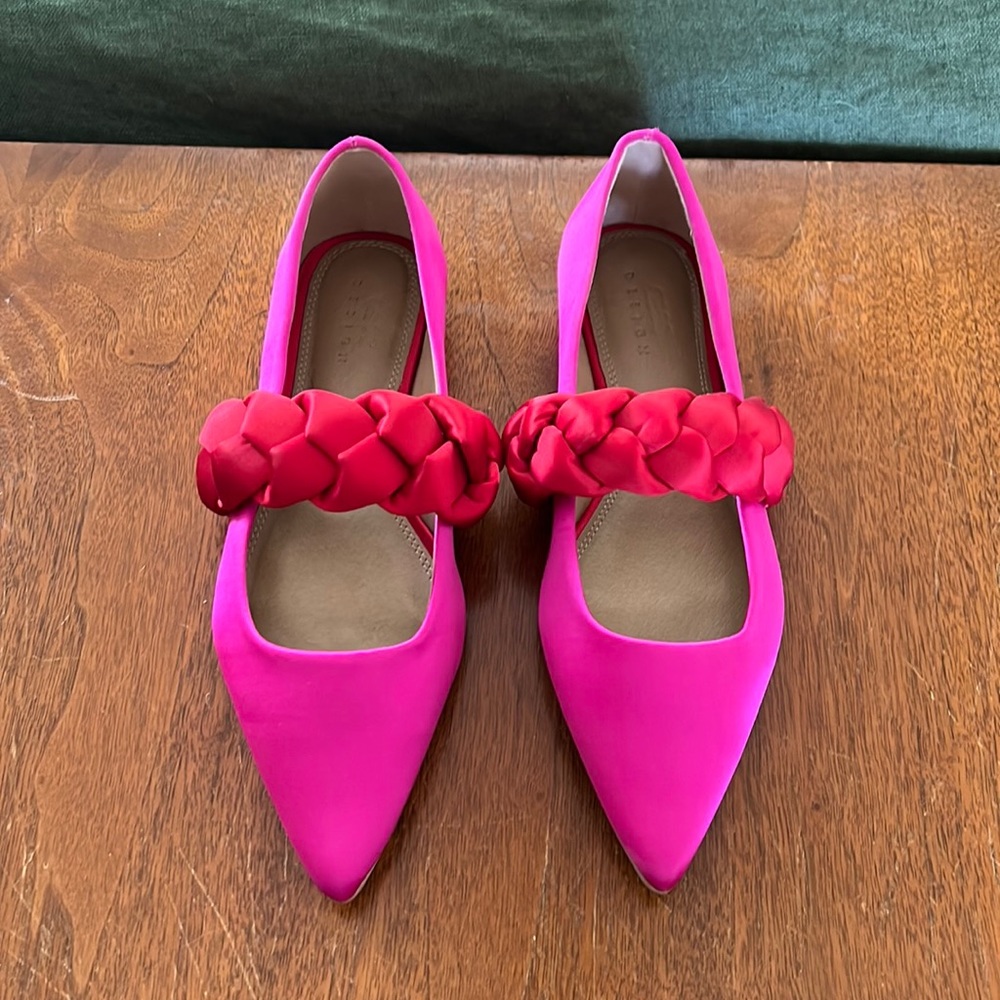 ASOS pink and red satin pointed toe braid ballet flats